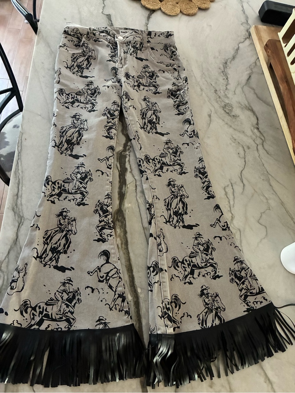 Cowboy Print Flared Jeans with Fringe Hem - Beige/Black